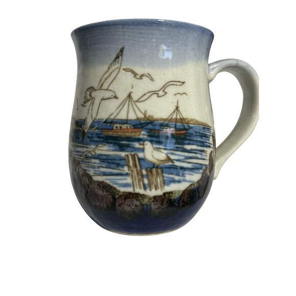 Coastal Boats Birds Ocean Pottery Coffee Mug - Picture 1 of 8